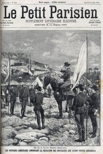 Fin de la guerre hispano-américaine en 1898. Officiers américains annonçant la cessation des hostilités aux avant-postes espagnols. Gravure dans « Le Petit Parisien » de 1898. - French School