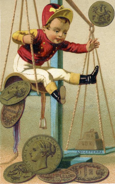 Jockey anglais pesé avec sa selle et des pièces britanniques, d