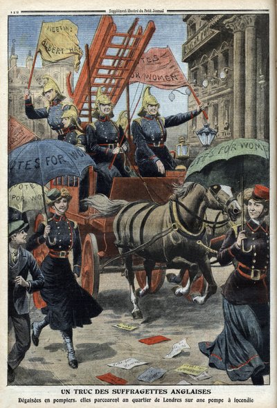Les suffragettes anglaises déguisées en pompiers, tiré de « Le Petit Journal », 3 avril 1910 (gravure) - French School