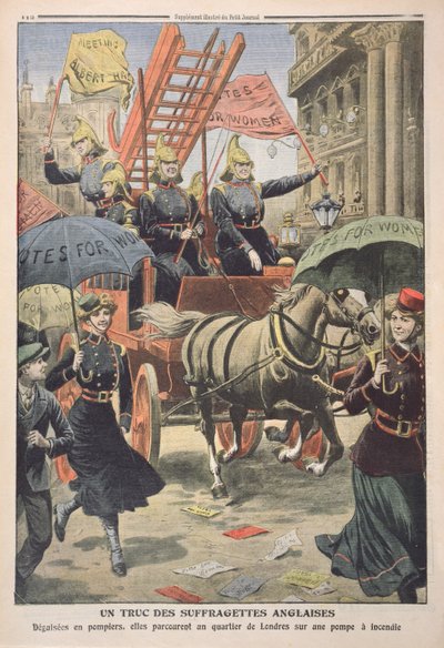 Suffragettes anglaises déguisées en pompiers, du Petit Journal, 3 avril 1910 - French School