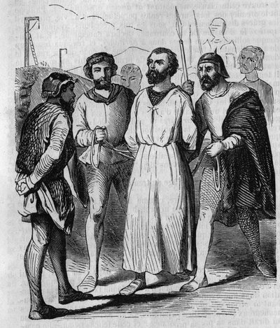 Enguerrand de Marigny chambellan et ministre du roi Philippe IV le Bel marchant vers la torture en 1315. Gravure du 19ème siècle. - French School