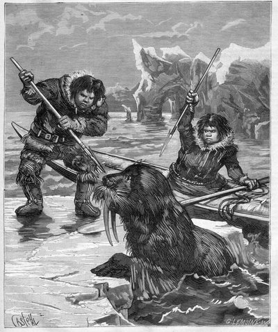Esquimaux - pêche au morse - Esquimaux - pêche au morse en 1888 - gravure dans "Journal des Voyages" 1888 - French School