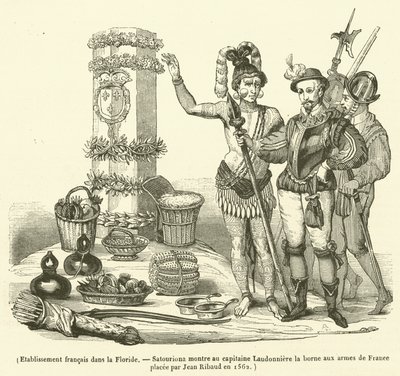 Etablissement francais dans la Floride, Satouriona montre au capitaine Laudonniere la borne aux armes de France placee par Jean Ribaud en 1562 - French School