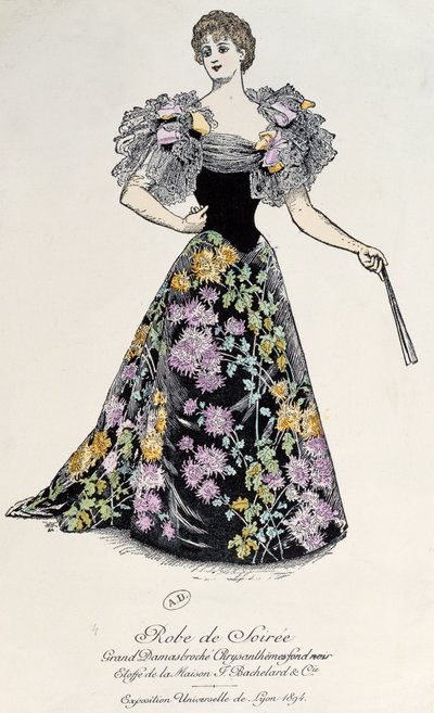 Robe de soirée en damas avec brocart de chrysanthème sur fond noir, 1894 - French School