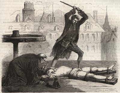 Exécution (Le supplice de la roue) du poisonneur Antoine-François Desrues (1744-1777) sur la Place de Grève à Paris en 1777 - Supplice de Desrues, rompu sur la roue sur la Place de Grève à Paris - French School