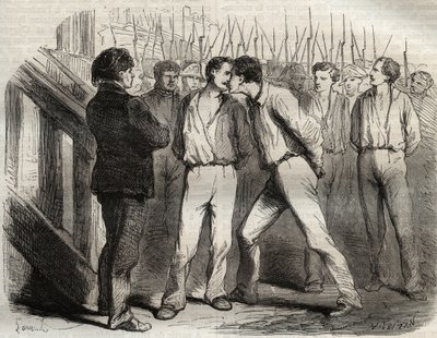 Exécution des quatre sergents de La Rochelle le 21 septembre 1822 : Bories, Raoulx, Gaubin, Pommier - Raoulx, qui devait passer le premier, demanda à embrasser ses camarades - Gravure dans « Causes célèbres de tous les peuples » par Armand Fouquier - French School