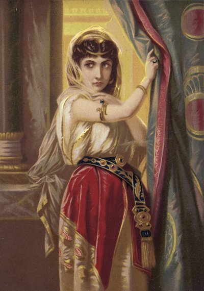 Fille exotique, portant des bijoux en or (chromolitho) - French School
