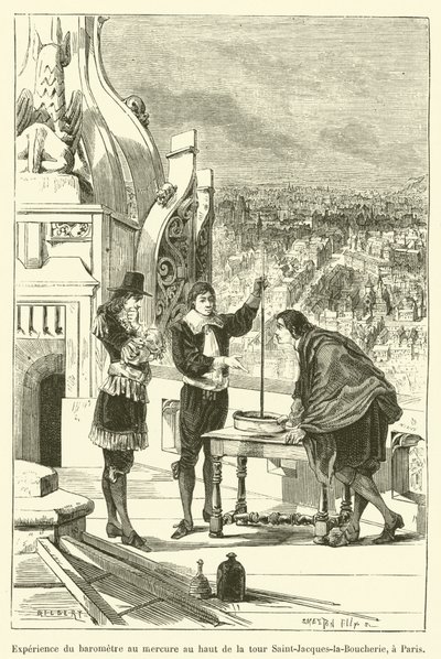 Expérience du baromètre au mercure au haut de la tour Saint-Jacques-la-Boucherie, à Paris - French School
