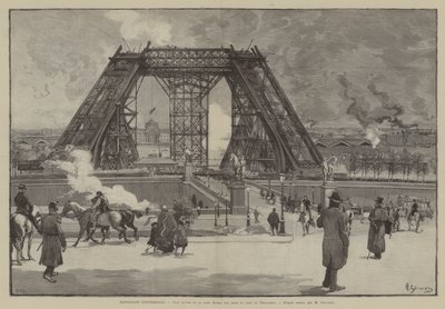 Exposition Universelle, Etat actuel de la tour Eiffel, vue prise du parc du Trocadero (engraving) - French School