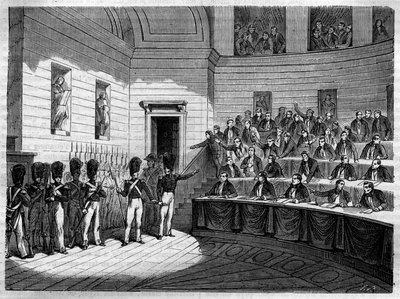 Expulsion de Jacques Antoine Manuel (1775-1827) avocat et homme politique libéral français de la Chambre des députés. Gravure dans « Histoire des Papes-Rois-Reines et Empereurs à travers les siècles » par Maurice Lachatre - French School