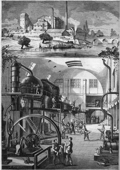 Vue extérieure et principaux ateliers de la grande raffinerie de sucre Les Récollets, appartenant à M. Cédard à Nantes en 1864. Gravure dans "Le Monde Illustré" n°380 du 23 juillet 1864. - French School