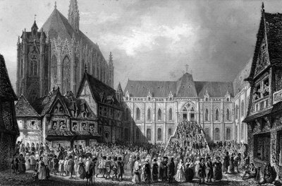 Vue extérieure du palais de justice. Dans « Notre Dame de Paris » de Victor Hugo, gravure de 1844 - French School