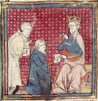 F.117r Messagers annonçant à Charlemagne la victoire sur les Sarrasins, des Grandes Chroniques de France, 1375-79 - French School