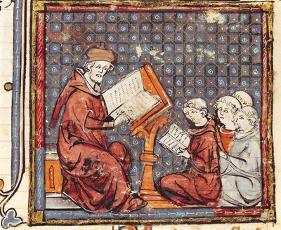 F.277r Un philosophe enseignant à Paris, des Grandes Chroniques de France, 1375-79 - French School