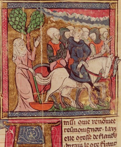 Ferdinand de Portugal (1186-1233) Comte de Flandre emmené prisonnier à Paris après la bataille de Bouvines, 27 juillet 1214, Grandes Chroniques de France, 1375-79 - French School