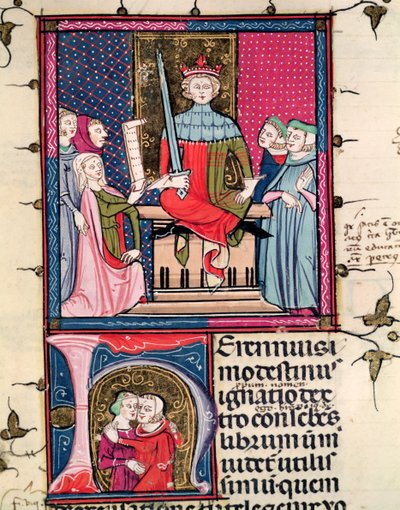 F.39r Loi conjugale, une femme adultère comparaissant devant le tribunal, de Justiniani in Fortiatum - French School