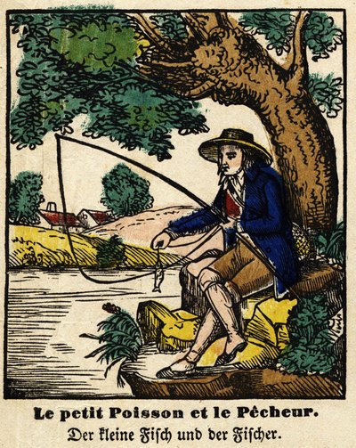 Fables de La Fontaine : le petit poisson et le pêcheur. Image d