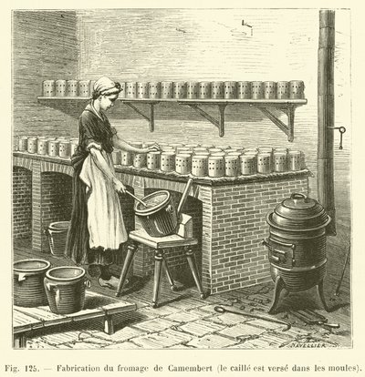 Fabrication du fromage de Camembert, le caille est verse dans les moules - French School