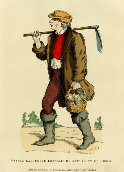 Costume de fermier du XVIIe au XVIIIe siècle. Gravure en couleur d
