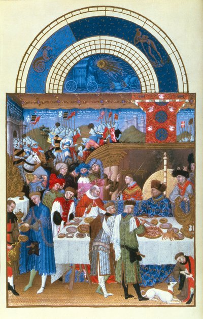 Fac-similé de janvier : scène de banquet par les frères Limbourg, du Très Riches Heures du Duc de Berry - French School
