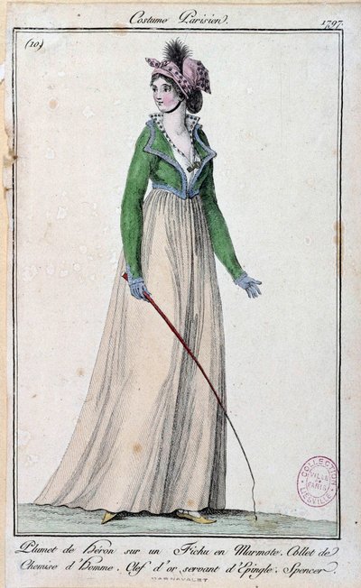 Mode féminine sous le Directoire : une jeune élégante parisienne vêtue d