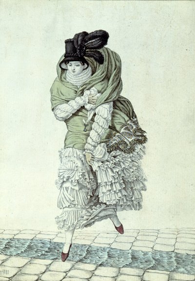 Planche de mode représentant une dame traversant un ruisseau d