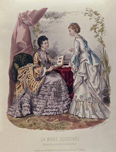 Planche de mode montrant des dames en robes conçues par Mme Breant-Castel et regardant des albums photos, 1872 - French School