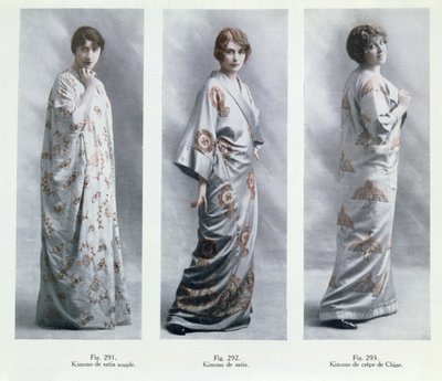 Planches de mode montrant des dessins de kimonos, illustrations du Jardin des Modes Nouvelles, 15 avril 1913 - French School