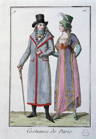 Mode sous le Directoire : un couple de Parisiens élégants. Lithographie anonyme de 1795. Paris, musée du costume - French School