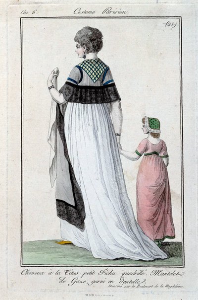Mode sous le Directoire : jeune élégante parisienne portant la coiffure Titus, manteau de gaze avec dentelle. 1797. Paris, musée du costume - French School