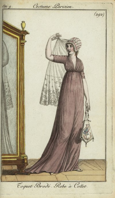 Femme à la mode avec un chapeau toquet brodé - French School
