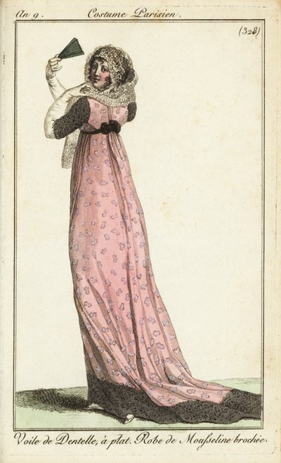 Femme à la mode en voile de dentelle, robe en mousseline damassée - French School