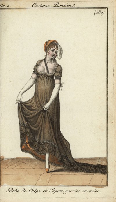 Femme à la mode en robe de crêpe révélant les seins - French School