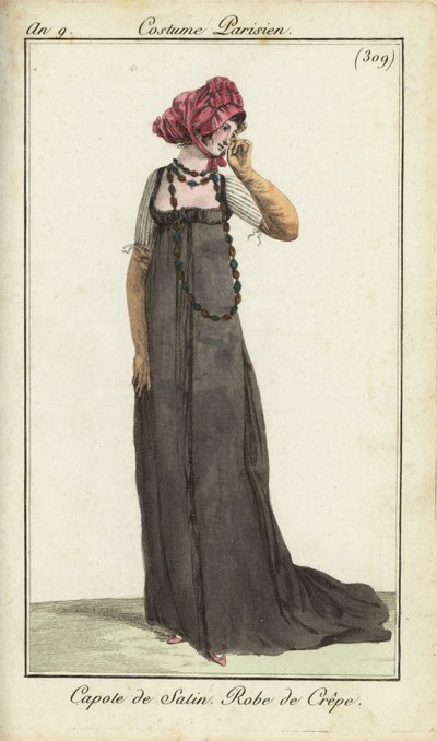Femme à la mode avec un bonnet en satin et une robe en crêpe - French School