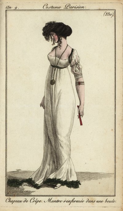 Femme à la mode ou Merveilleuse avec chapeau en crêpe - French School
