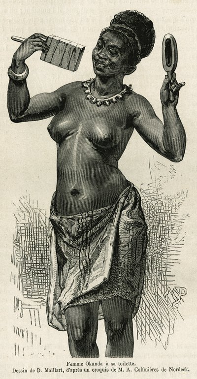 Femme Okanda faisant sa toilette, dessin de D. Maillard, pour illustrer le récit d