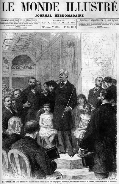 Ferdinand de Lesseps entouré de sa famille et de ses compagnons de voyage, racontant son voyage à Panama dans la Salle de la Sorbonne. Couverture du « Monde Illustré » de 1880. - French School