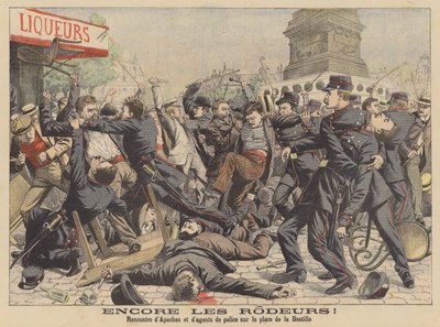 Combat entre les Apaches et la police sur la place de la Bastille à Paris (lithographie couleur) - French School