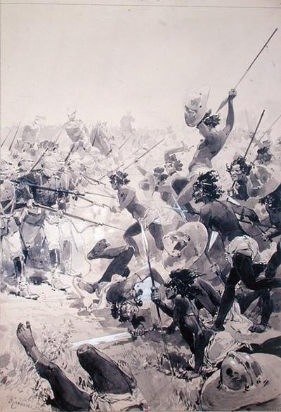 Combat entre Zoulous et soldats anglais, c.1878 - French School