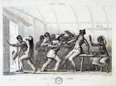 Combat dans une taverne aux Antilles, une jeune femme blanche est enlevée par des voleurs. Gravure du 19ème siècle. Chartres, Musée des Beaux-Arts - French School