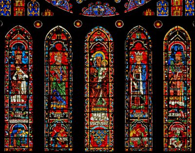 Figures sous la rosace nord : Melchisédek, David, Sainte Anne, Salomon, Aaron et scènes - French School