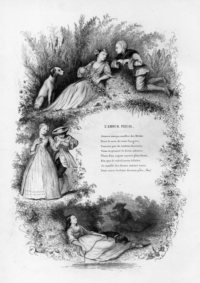 Amour filial. Un jeune homme séduit trois jeunes femmes à la campagne. Gravure dans « Chants et chansons populaires de la France », Tome 2 - French School