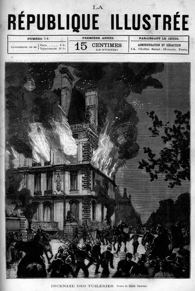 Incendie du Pavillon de Flore aux Tuileries à Paris. Un journal. Gravure de 1880 dans « La république illustrée » collection privée. - French School