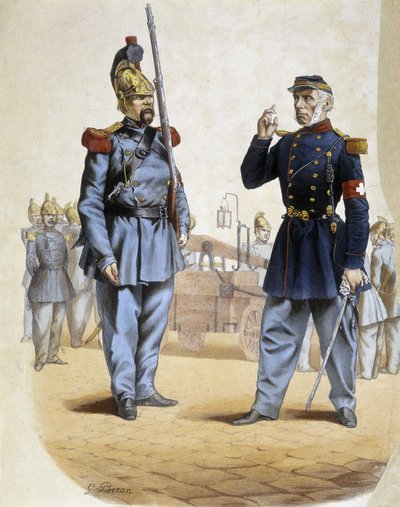 Pompiers en 1860 - dessin par Perron, Arts Déco - French School