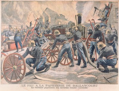 Pompiers combattant un incendie dans une papeterie à Ballancourt, de Le Petit Journal, 1905 - French School