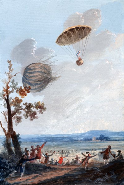 Premier homme à descendre en parachute, 22 octobre 1797, au Parc Monceau, Paris, vers 1797 - French School
