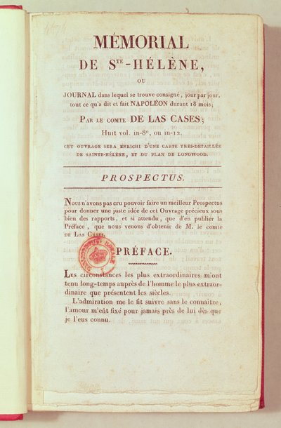 Première page du Mémorial de Sainte-Hélène par Emmanuel Las Cases (1766-1842) 1823 - French School