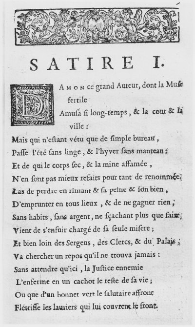Première page des Satires de Nicolas Boileau, dit Boileau-Despréaux, publiée en 1685 - French School