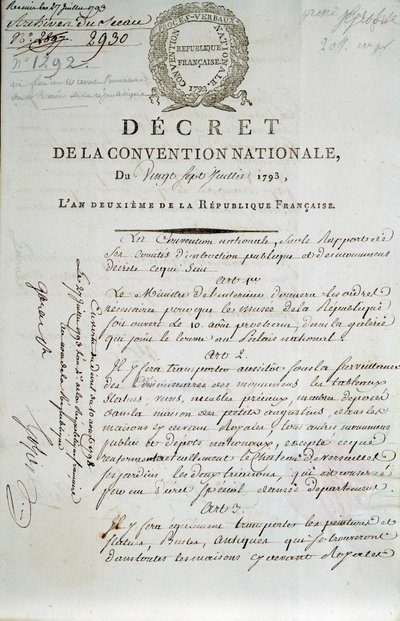 Première page du décret de la Convention nationale du 27/07/1793 établissant le Palais du Louvre comme musée - French School
