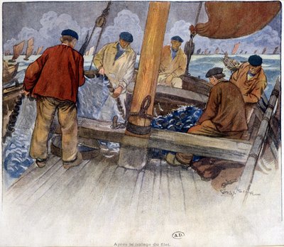Pêcheurs vidant un filet à bord - French School